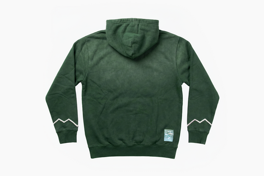 Forest — back view of faded green oversized hoodie with mountain stitch cuffs and hem label